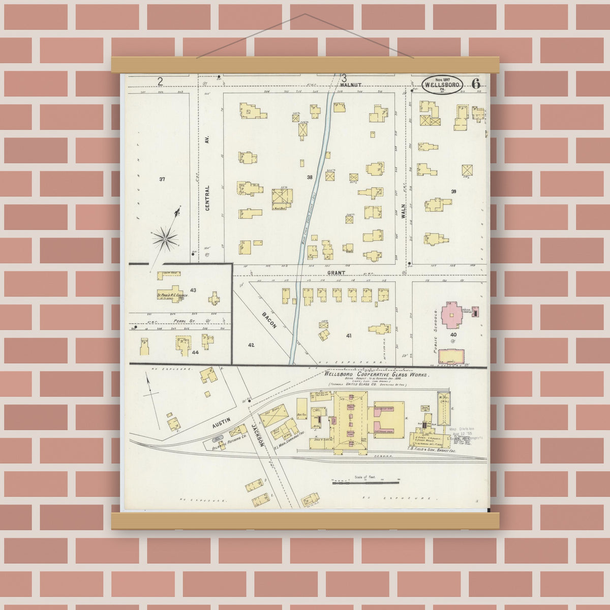 Old map wall art mockup — magnetic wood frame on brick wall — Sanborn Fire Insurance Map from Wellsboro, Tioga County, Pennsylvania (1897), Sheet #0006