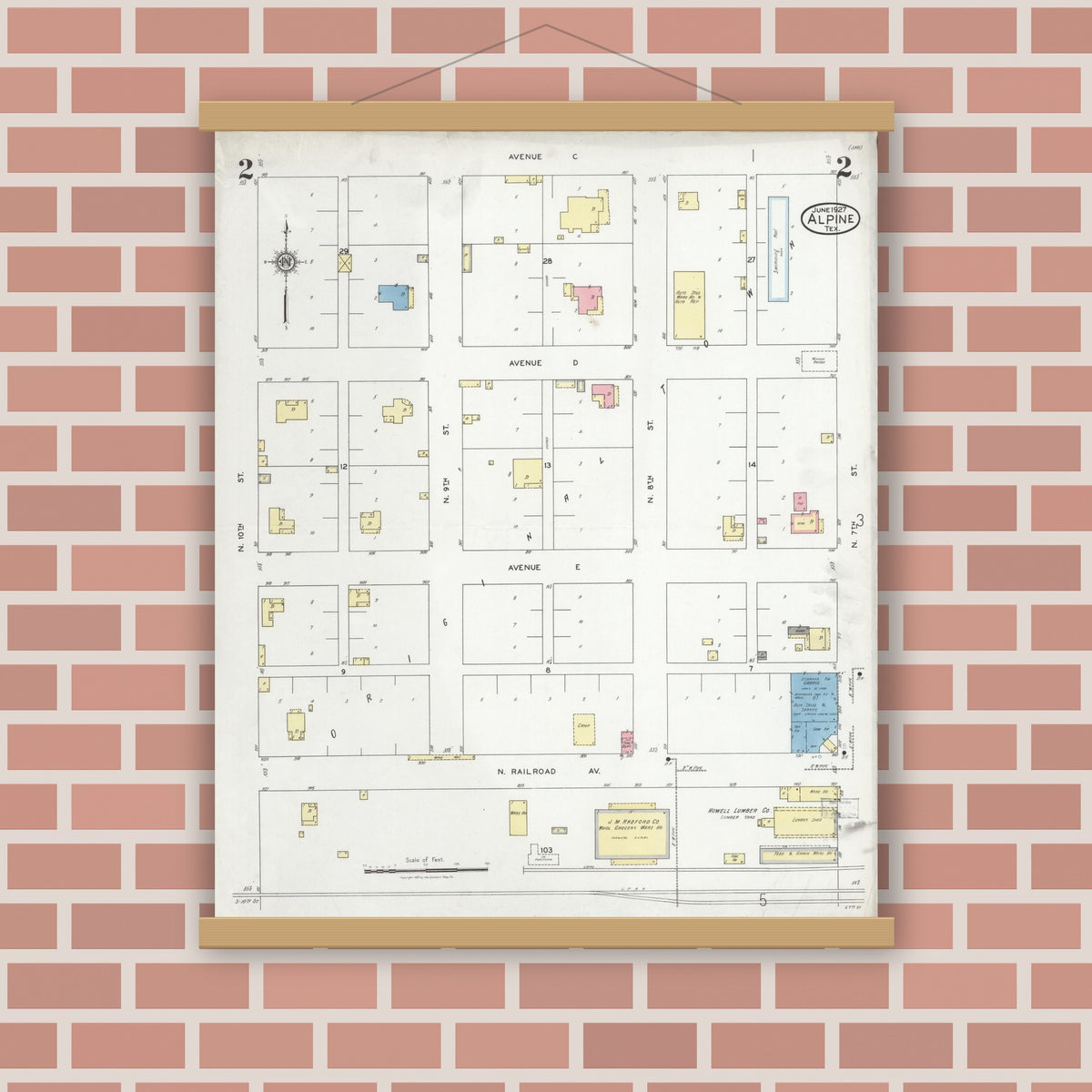 Old map wall art mockup — magnetic wood frame on brick wall — Sanborn Fire Insurance Map from Alpine, Brewster County, Texas (1927), Sheet #0002