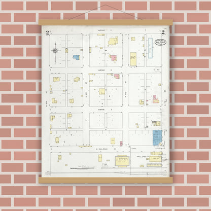 Old map wall art mockup — magnetic wood frame on brick wall — Sanborn Fire Insurance Map from Alpine, Brewster County, Texas (1927), Sheet #0002