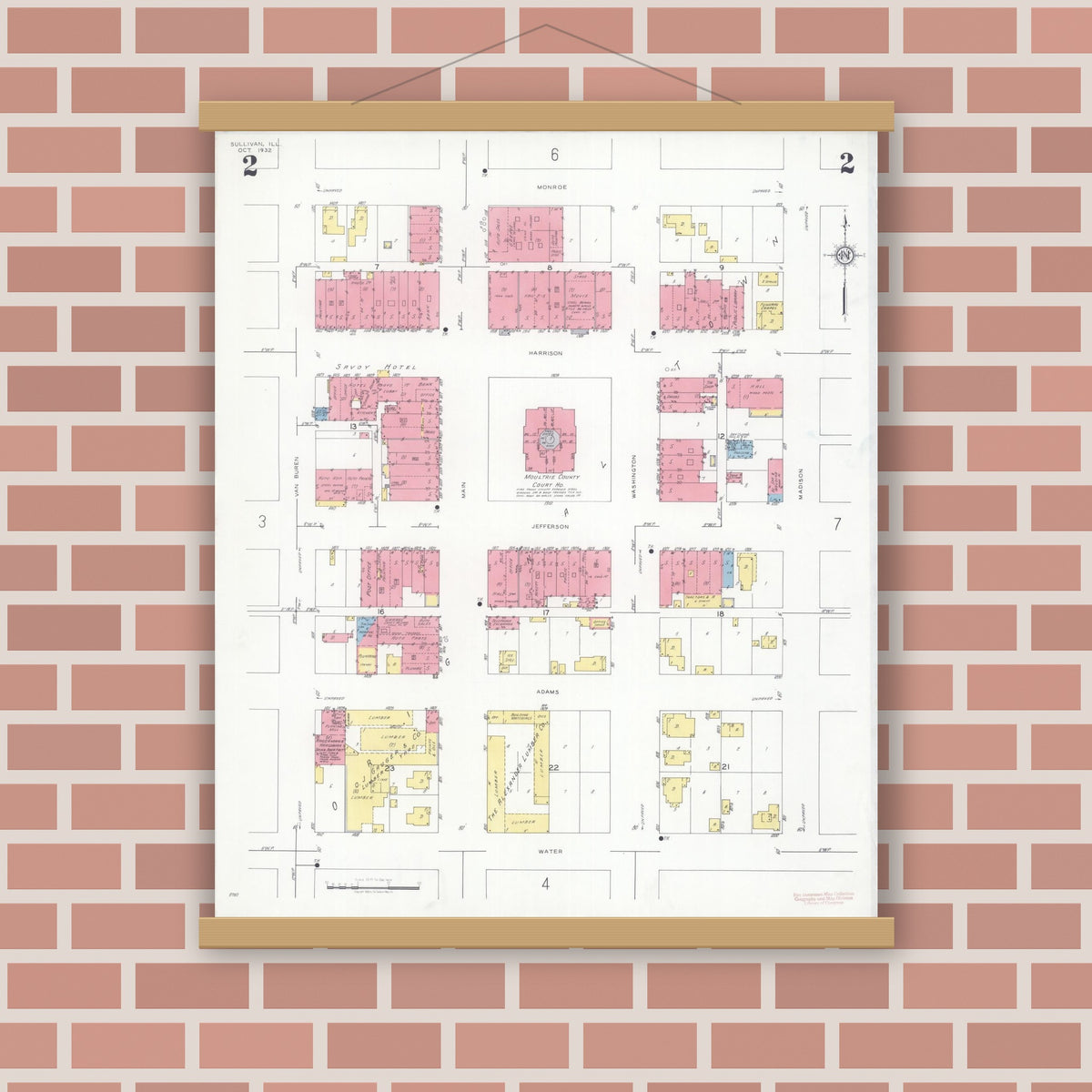 Old map wall art mockup — magnetic wood frame on brick wall — Sanborn Fire Insurance Map from Sullivan, Moultrie County, Illinois (1932), Sheet #0002