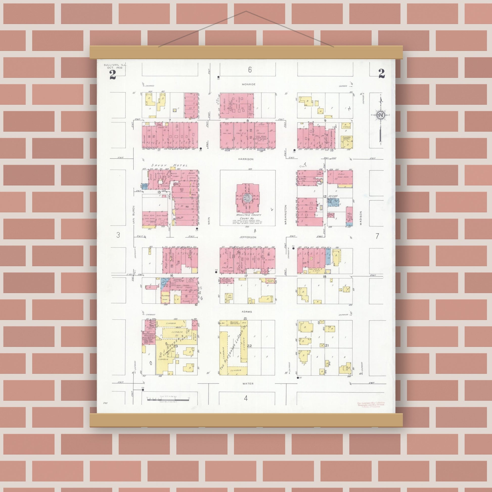 Old map wall art mockup — magnetic wood frame on brick wall — Sanborn Fire Insurance Map from Sullivan, Moultrie County, Illinois (1932), Sheet #0002