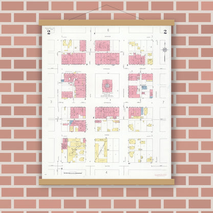 Old map wall art mockup — magnetic wood frame on brick wall — Sanborn Fire Insurance Map from Sullivan, Moultrie County, Illinois (1932), Sheet #0002