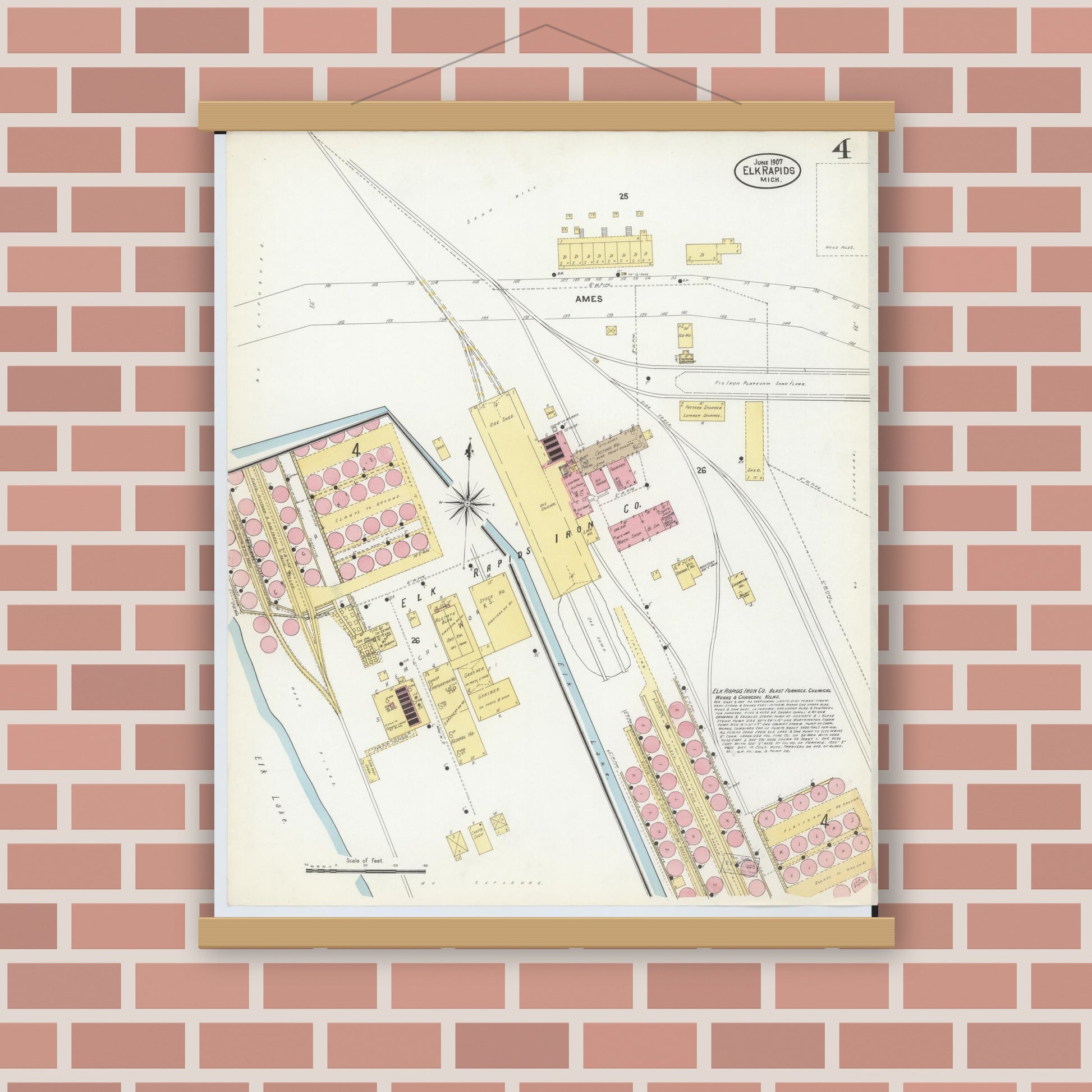 Old map wall art mockup — magnetic wood frame on brick wall — Sanborn Fire Insurance Map from Elk Rapids, Antrim County, Michigan (1907), Sheet #0004