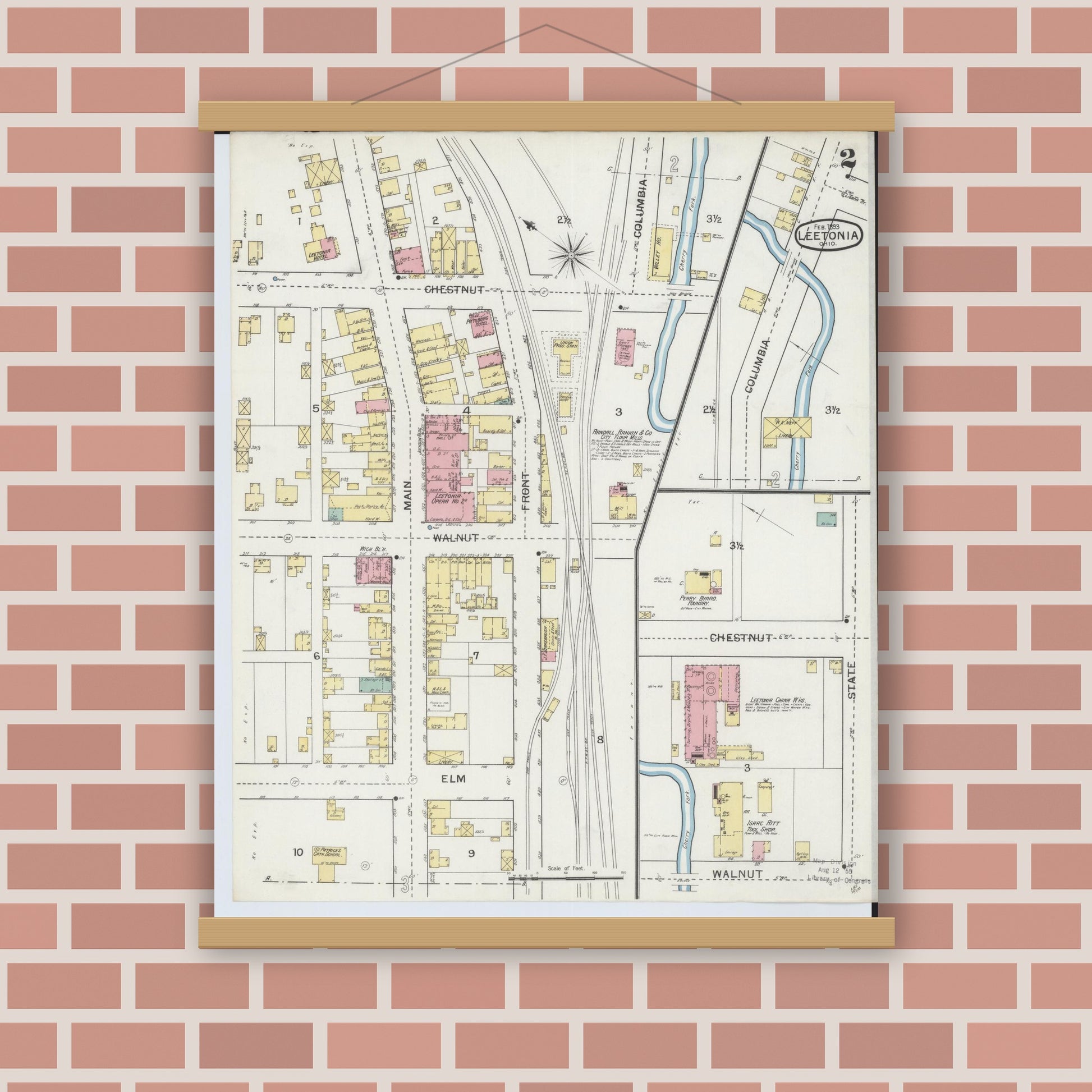 Old map wall art mockup — magnetic wood frame on brick wall — Sanborn Fire Insurance Map from Leetonia, Columbiana County, Ohio (1893), Sheet #0002