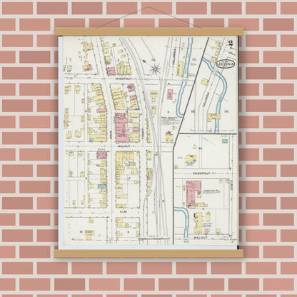 Old map wall art mockup — magnetic wood frame on brick wall — Sanborn Fire Insurance Map from Leetonia, Columbiana County, Ohio (1893), Sheet #0002