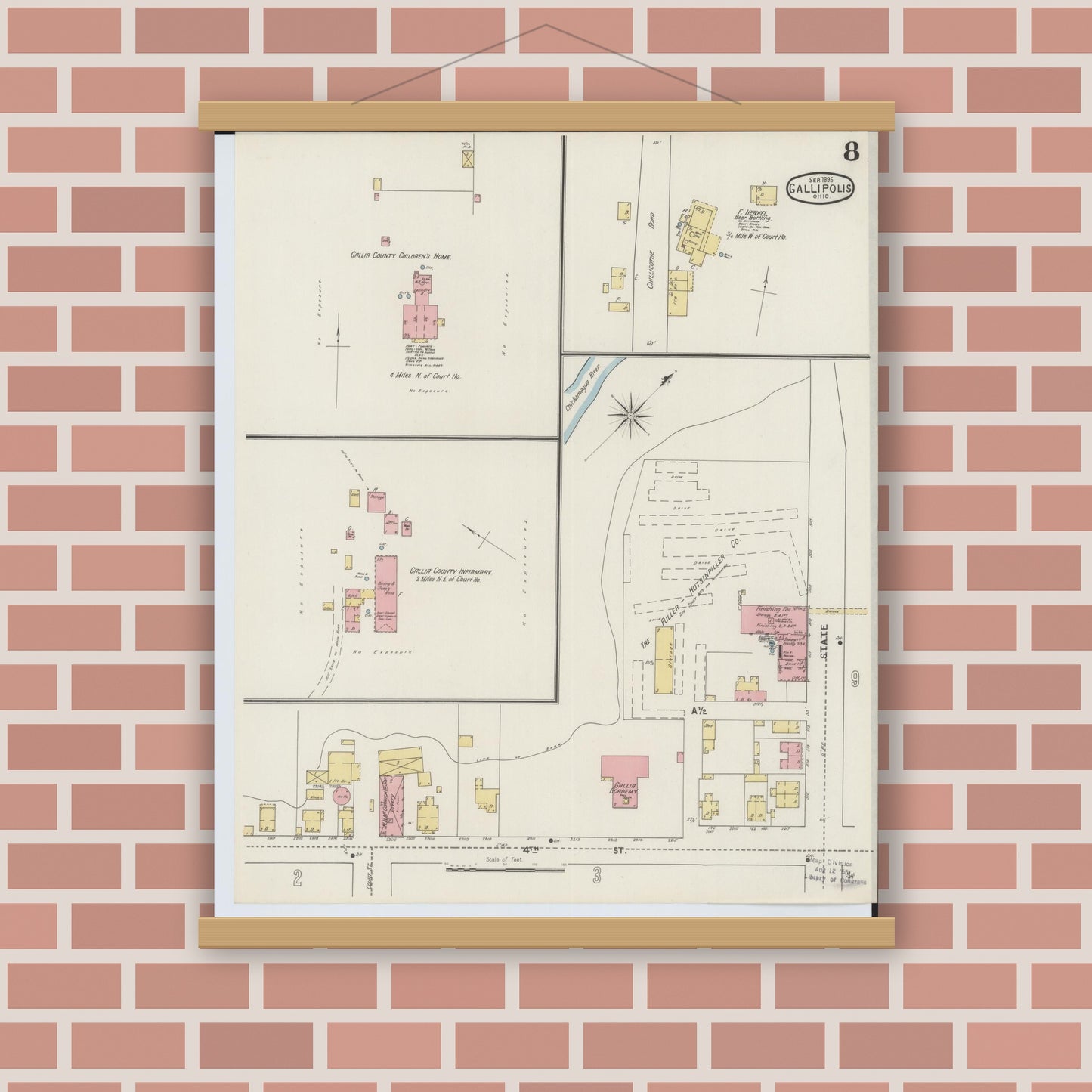 Old map wall art mockup — magnetic wood frame on brick wall — Sanborn Fire Insurance Map from Gallipolis, Gallia County, Ohio (1895), Sheet #0008