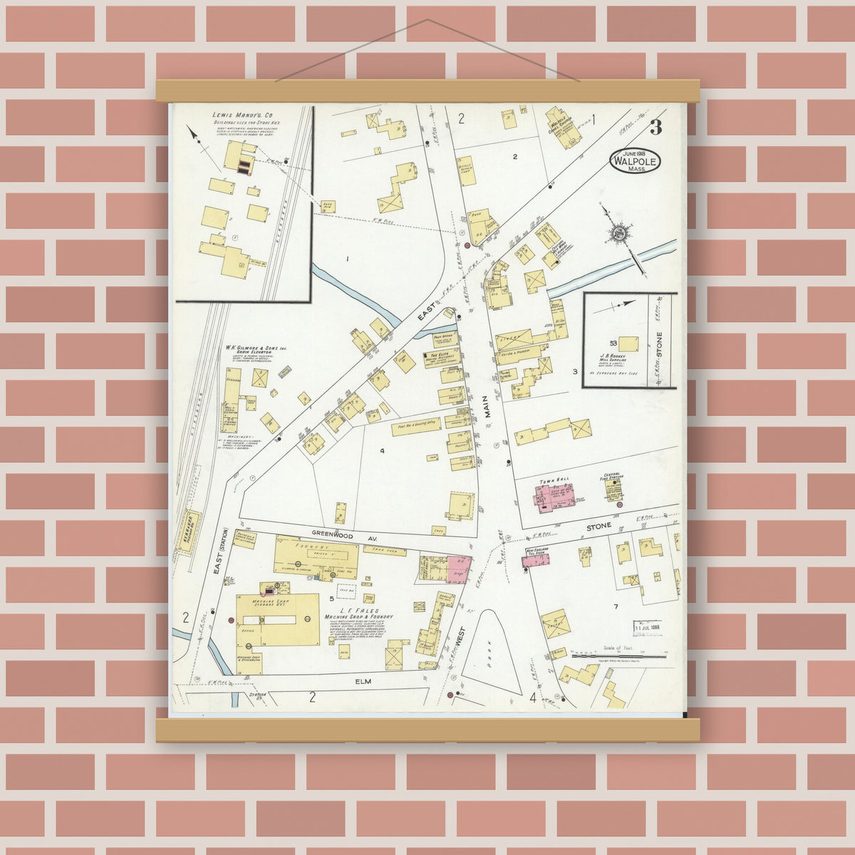 Old map wall art mockup — magnetic wood frame on brick wall — Sanborn Fire Insurance Map from Walpole, Norfolk County, Massachusetts (1918), Sheet #0003