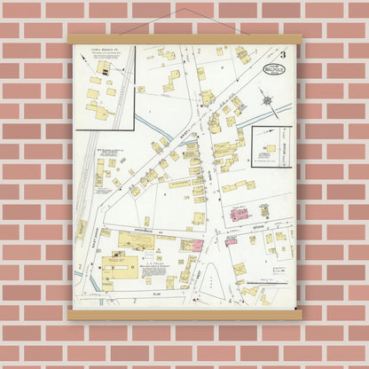 Old map wall art mockup — magnetic wood frame on brick wall — Sanborn Fire Insurance Map from Walpole, Norfolk County, Massachusetts (1918), Sheet #0003