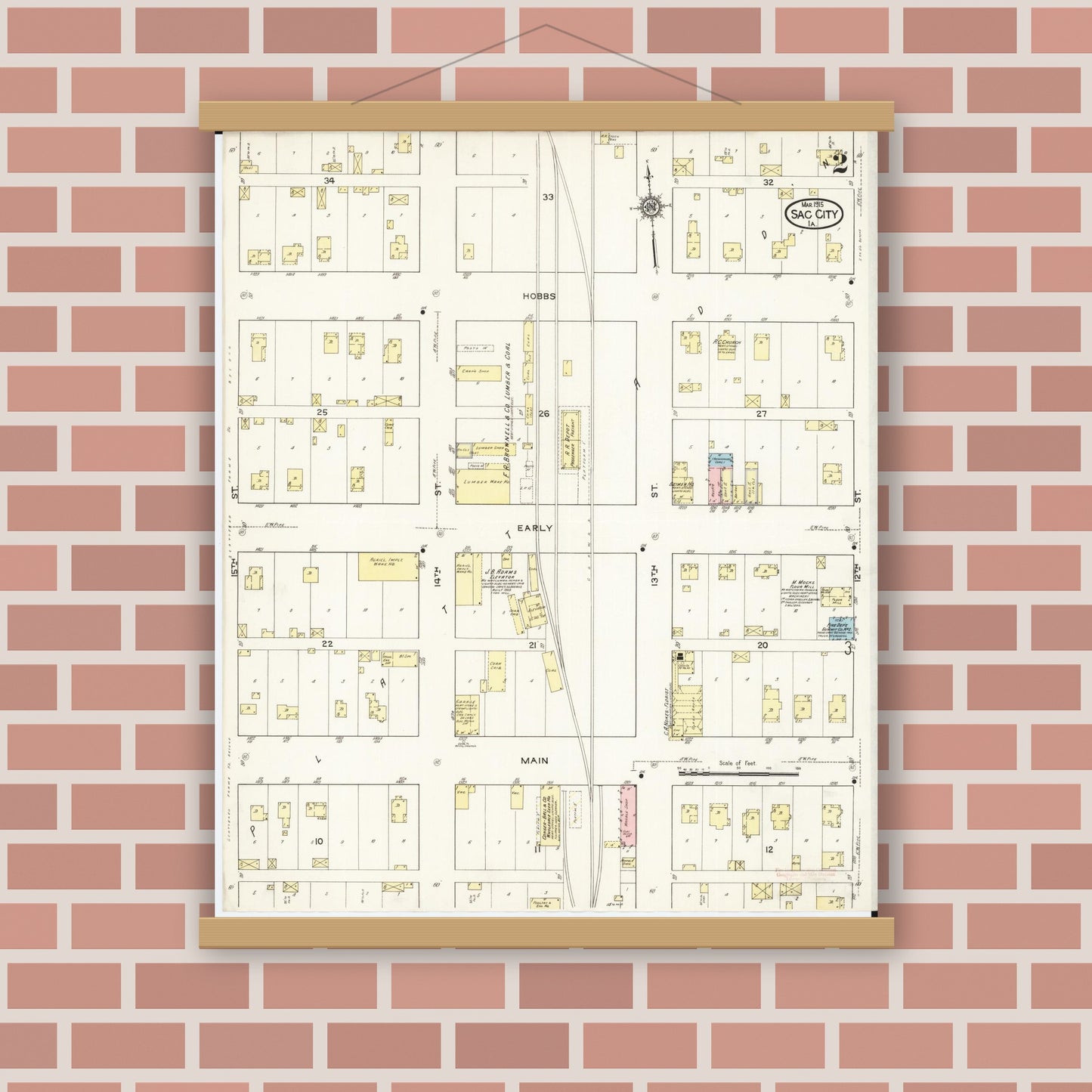 Old map wall art mockup — magnetic wood frame on brick wall — Sanborn Fire Insurance Map from Sac City, Sac County, Iowa (1915), Sheet #0002