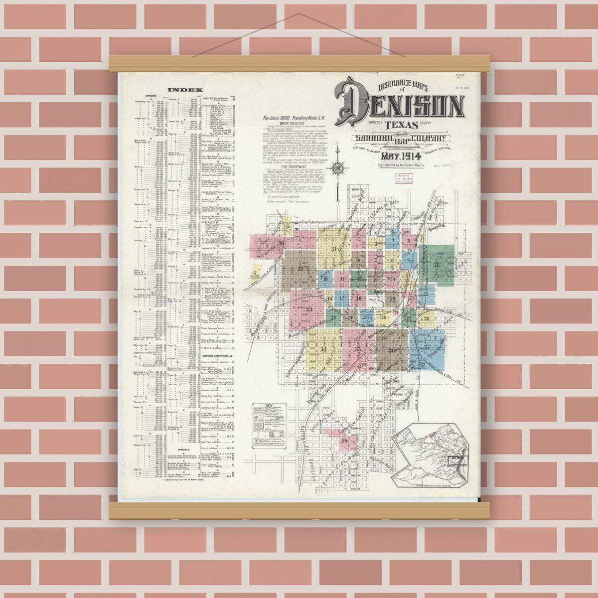 Old map wall art mockup — magnetic wood frame on brick wall — Sanborn Fire Insurance Map from Denison, Grayson County, Texas (1914), Sheet #0001