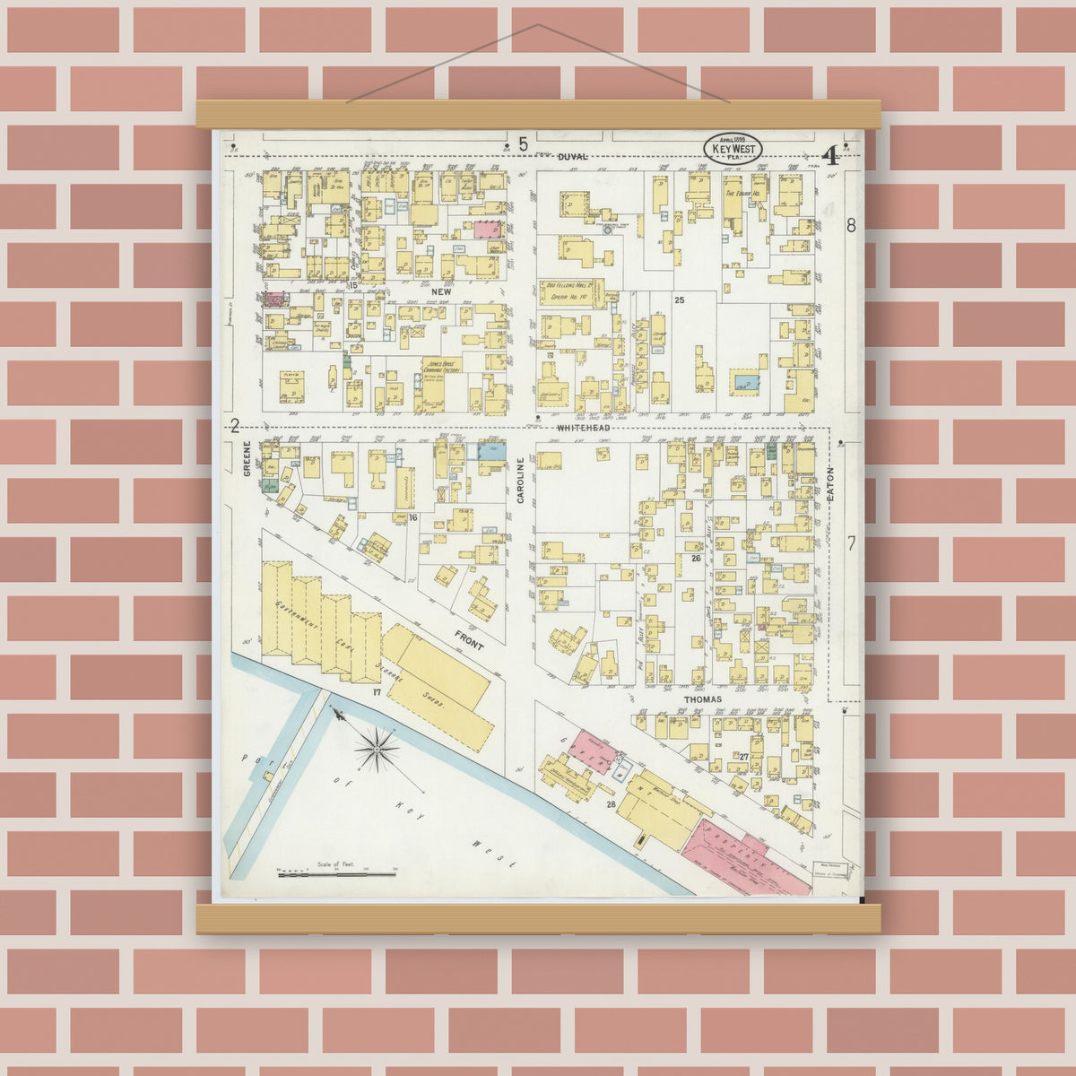 Old map wall art mockup — magnetic wood frame on brick wall — Sanborn Fire Insurance Map from Key West, Monroe County, Florida (1899), Sheet #0004