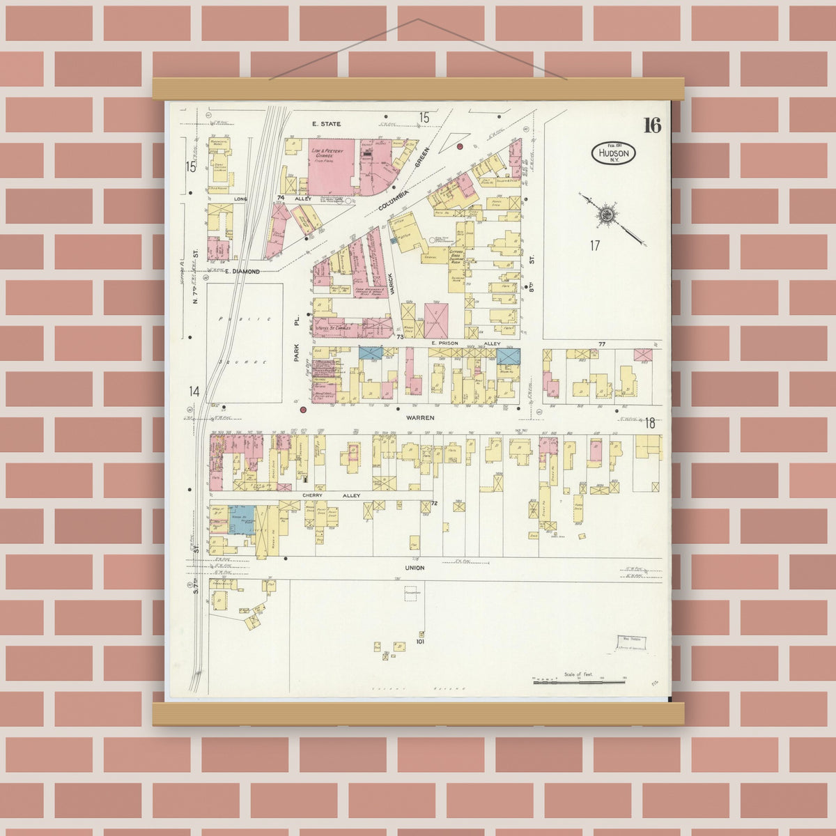 Old map wall art mockup — magnetic wood frame on brick wall — Sanborn Fire Insurance Map from Hudson, Columbia County, New York (1911), Sheet #0016