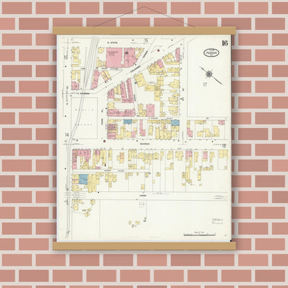 Old map wall art mockup — magnetic wood frame on brick wall — Sanborn Fire Insurance Map from Hudson, Columbia County, New York (1911), Sheet #0016