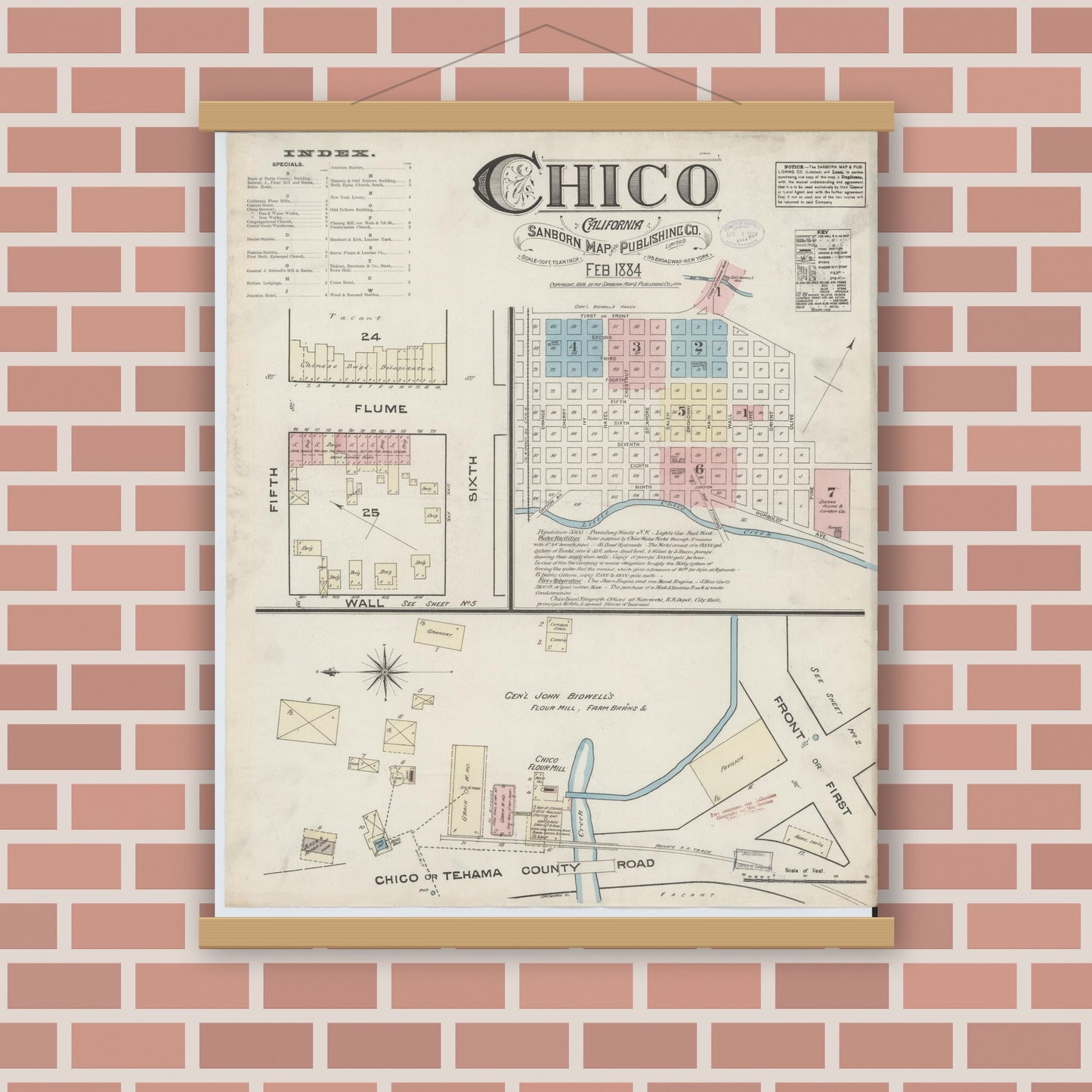 Old map wall art mockup — magnetic wood frame on brick wall — Sanborn Fire Insurance Map from Chico, Butte County, California (1884), Sheet #0001