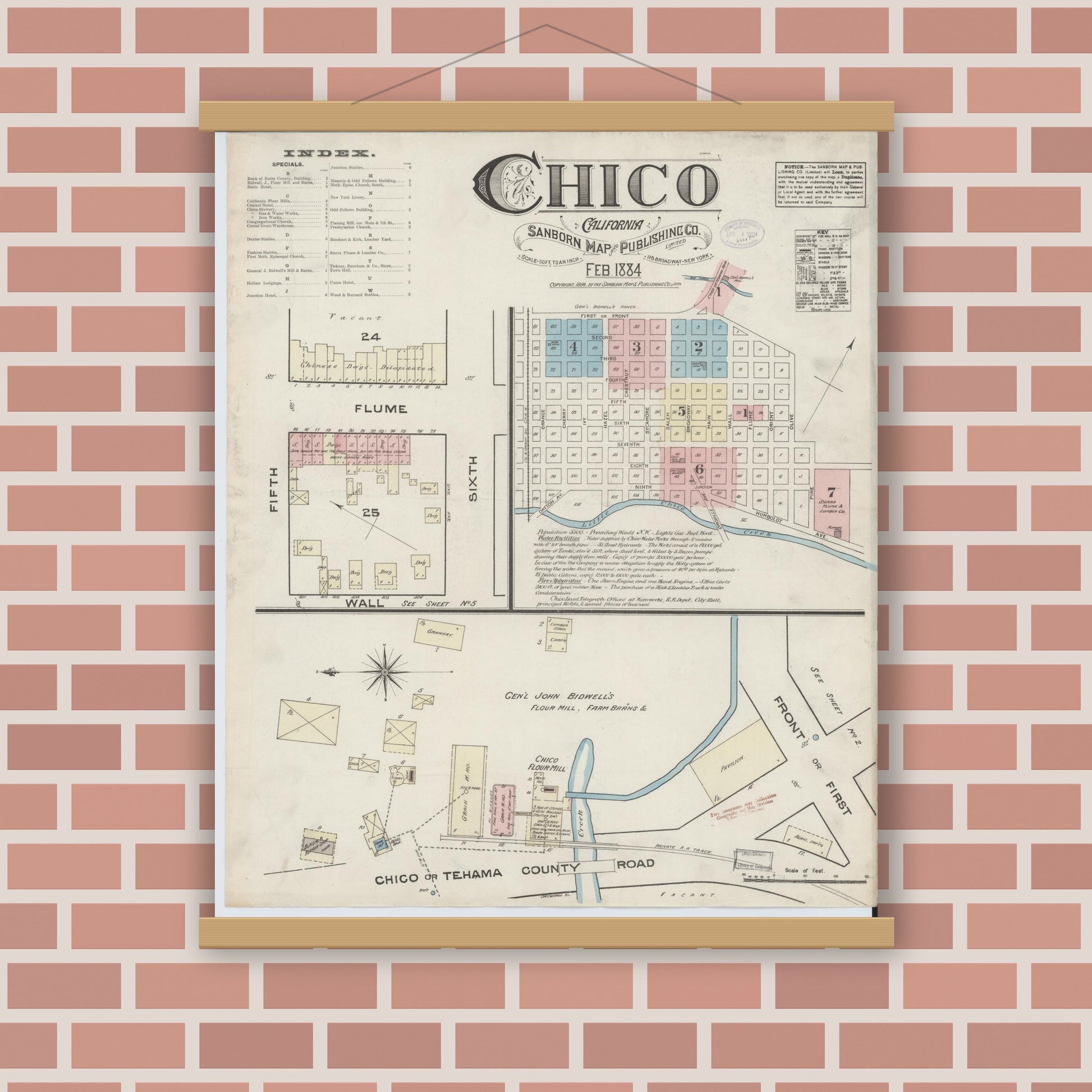 Old map wall art mockup — magnetic wood frame on brick wall — Sanborn Fire Insurance Map from Chico, Butte County, California (1884), Sheet #0001