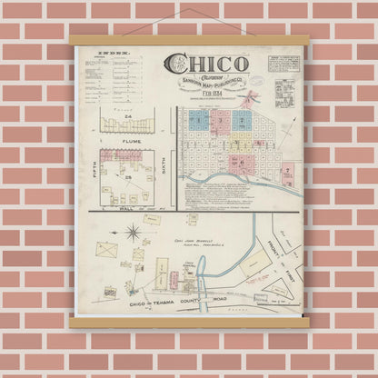 Old map wall art mockup — magnetic wood frame on brick wall — Sanborn Fire Insurance Map from Chico, Butte County, California (1884), Sheet #0001