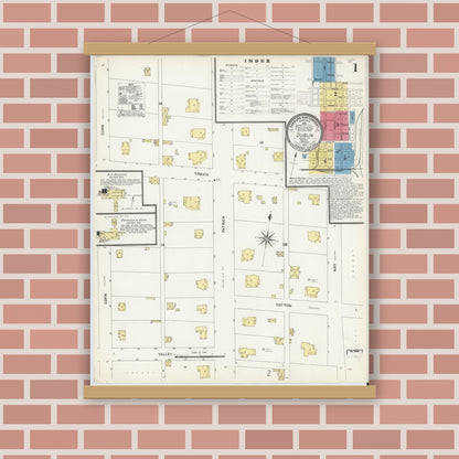 Old map wall art mockup — magnetic wood frame on brick wall — Sanborn Fire Insurance Map from Dublin, Erath County, Texas (1907), Sheet #0001