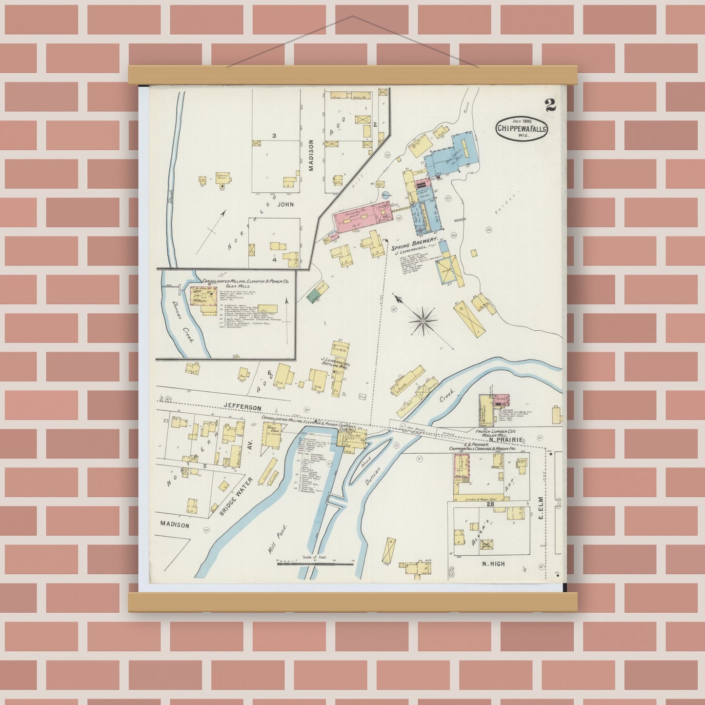 Old map wall art mockup — magnetic wood frame on brick wall — Sanborn Fire Insurance Map from Chippewa Falls, Chippewa County, Wisconsin (1895), Sheet #0002