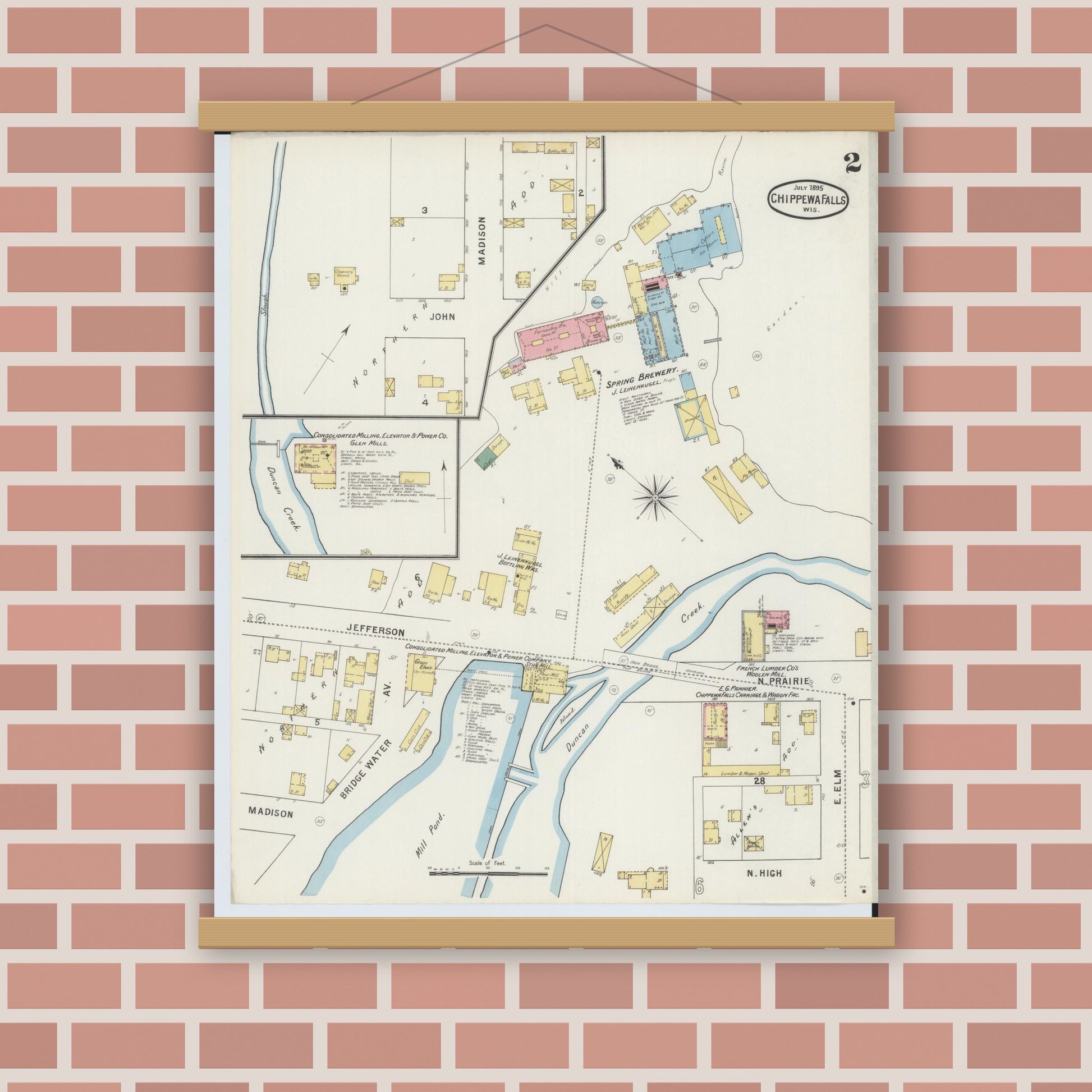 Old map wall art mockup — magnetic wood frame on brick wall — Sanborn Fire Insurance Map from Chippewa Falls, Chippewa County, Wisconsin (1895), Sheet #0002