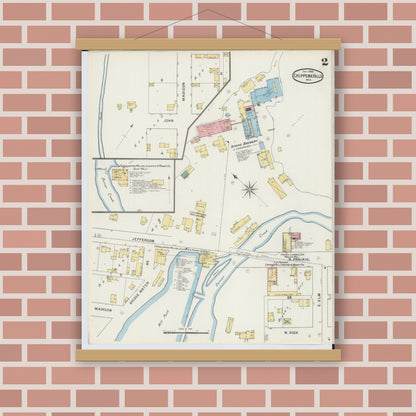 Old map wall art mockup — magnetic wood frame on brick wall — Sanborn Fire Insurance Map from Chippewa Falls, Chippewa County, Wisconsin (1895), Sheet #0002