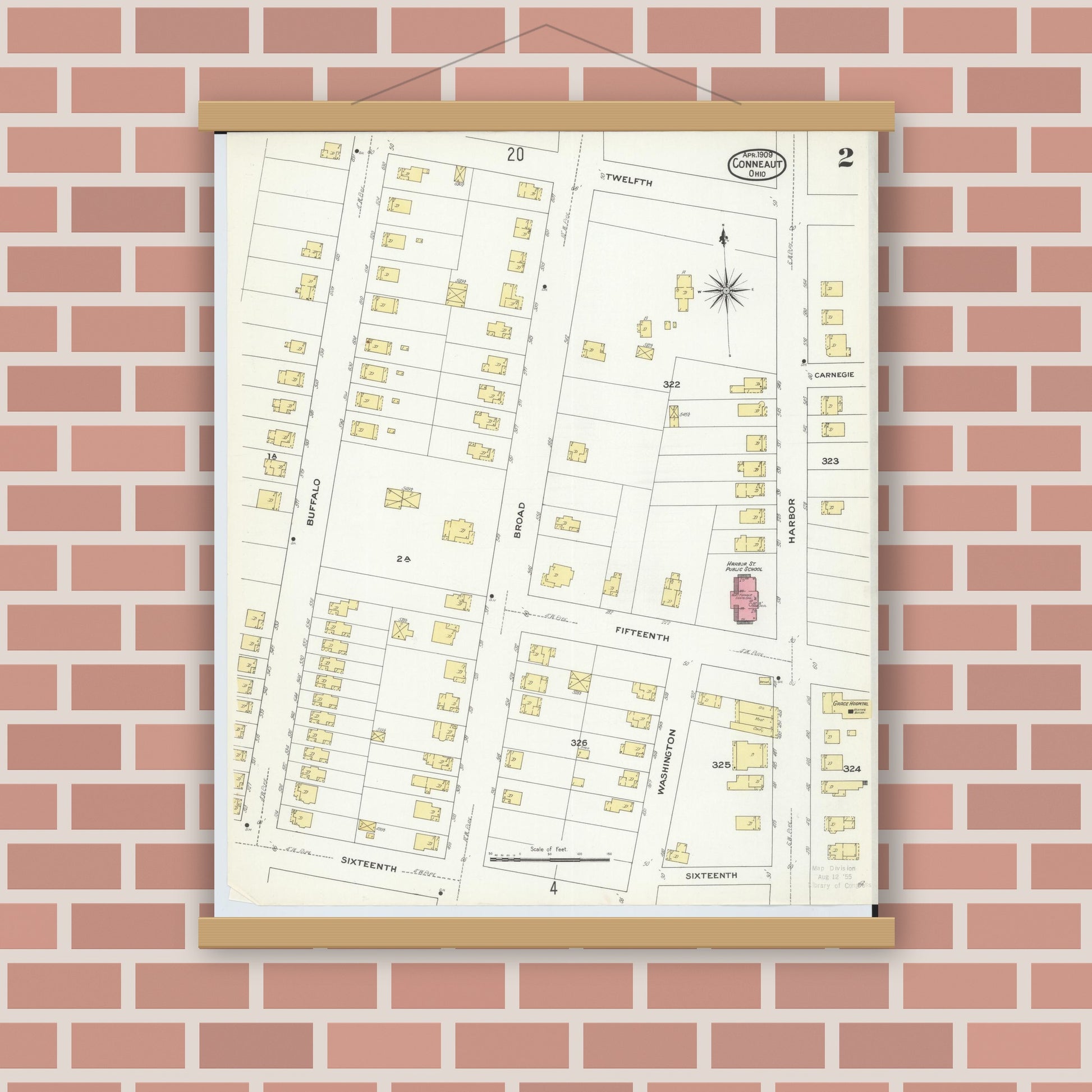 Old map wall art mockup — magnetic wood frame on brick wall — Sanborn Fire Insurance Map from Conneaut, Ashtabula County, Ohio (1909), Sheet #0002