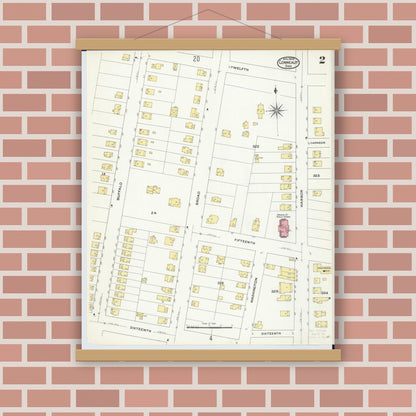 Old map wall art mockup — magnetic wood frame on brick wall — Sanborn Fire Insurance Map from Conneaut, Ashtabula County, Ohio (1909), Sheet #0002