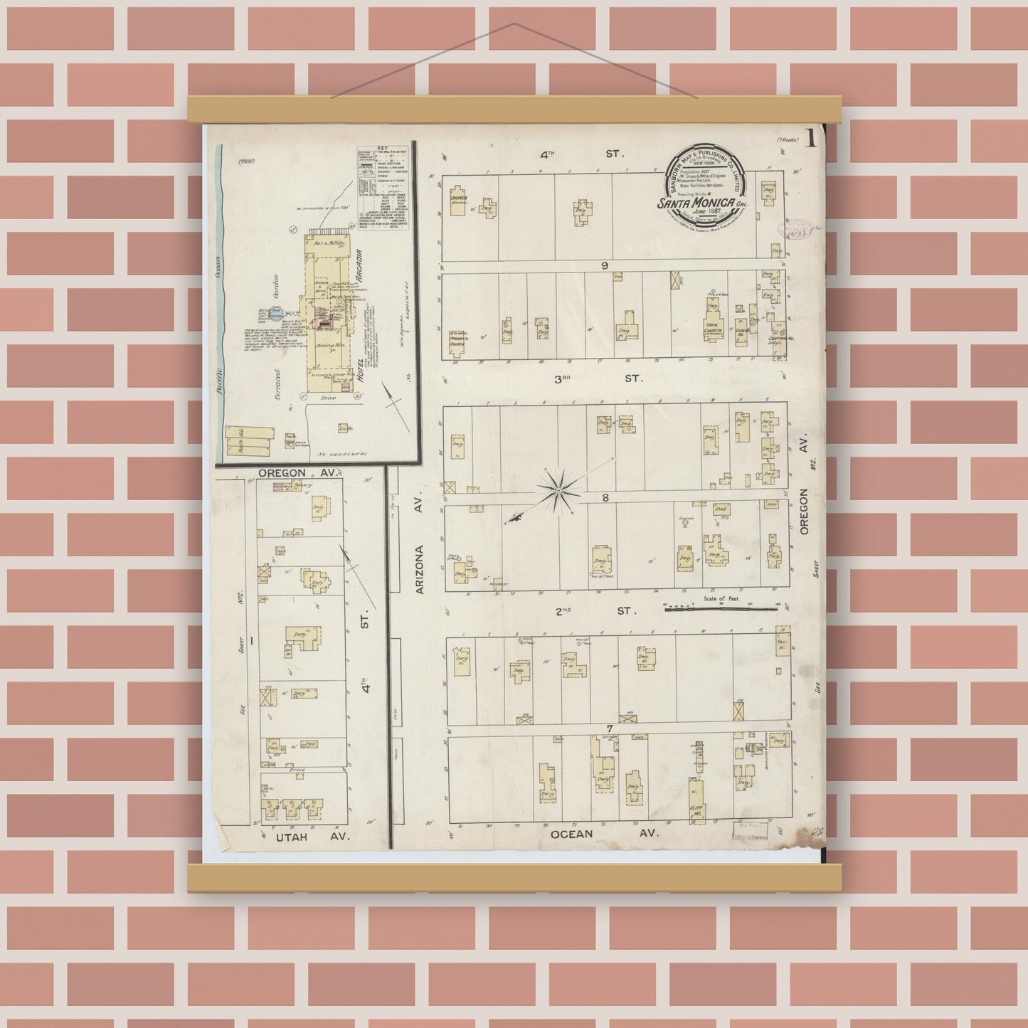 Old map wall art mockup — magnetic wood frame on brick wall — Sanborn Fire Insurance Map from Santa Monica, Los Angeles County, California (1887) - Complete Map Set