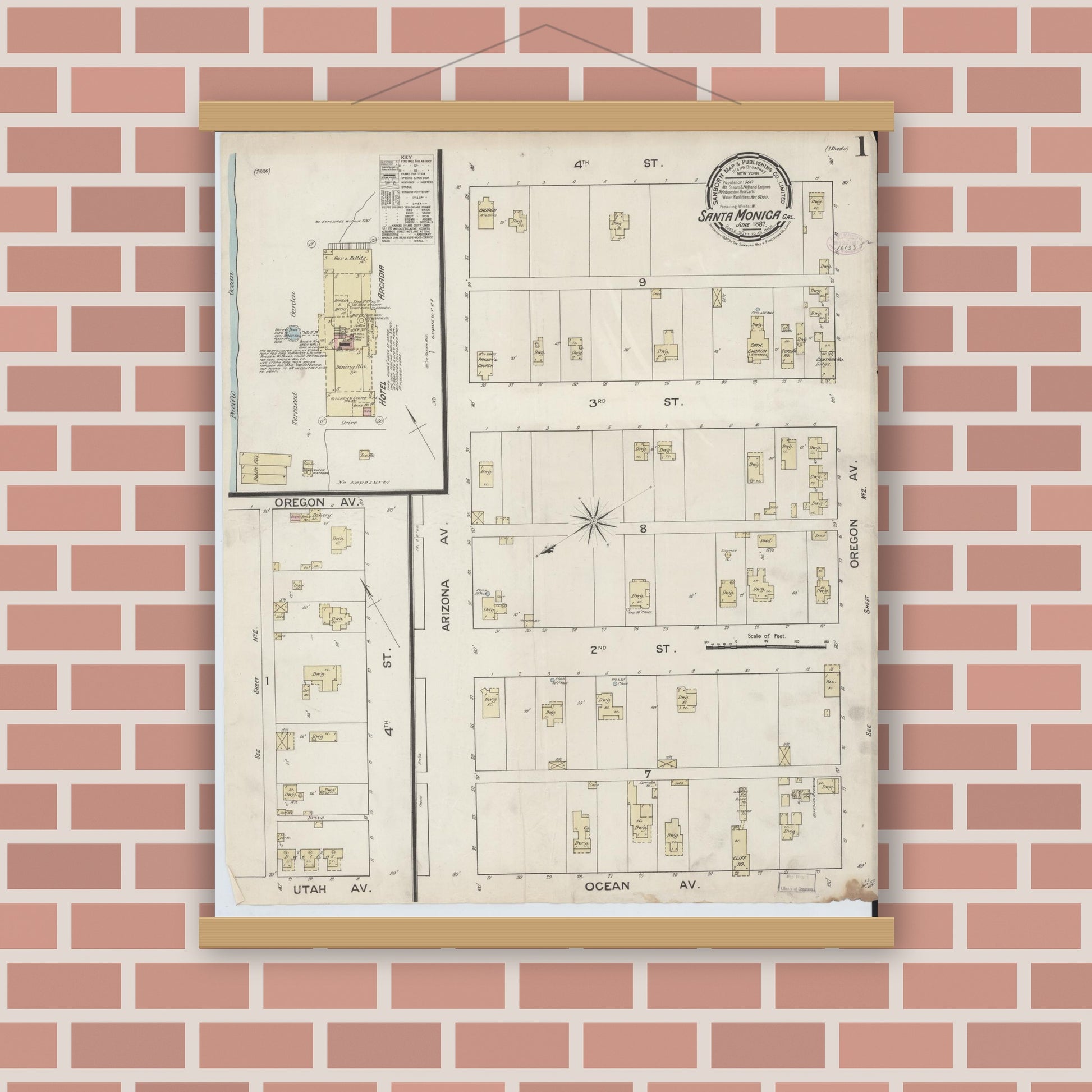 Old map wall art mockup — magnetic wood frame on brick wall — Sanborn Fire Insurance Map from Santa Monica, Los Angeles County, California (1887) - Complete Map Set