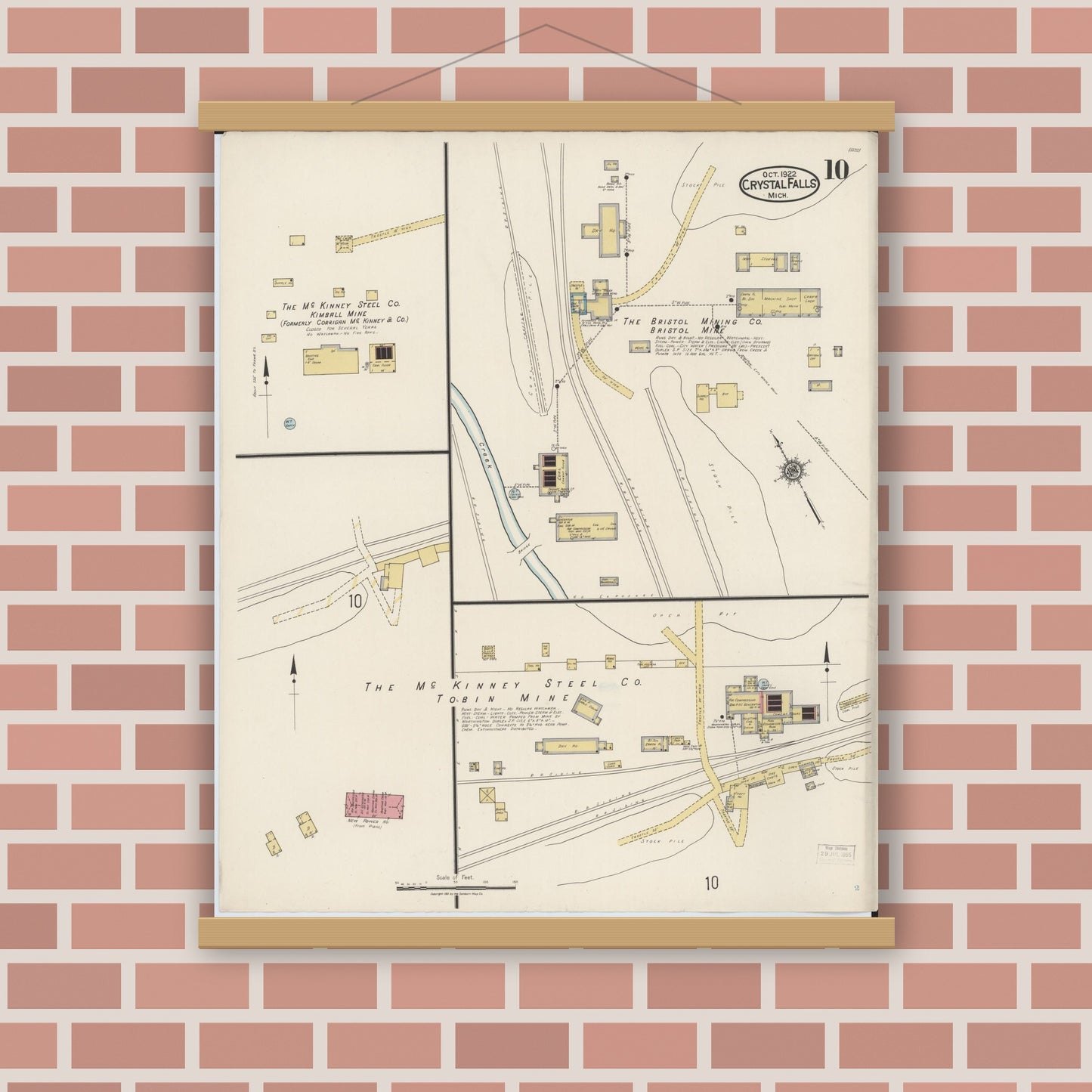 Old map wall art mockup — magnetic wood frame on brick wall — Sanborn Fire Insurance Map from Crystal Falls, Iron County, Michigan (1922), Sheet #0010