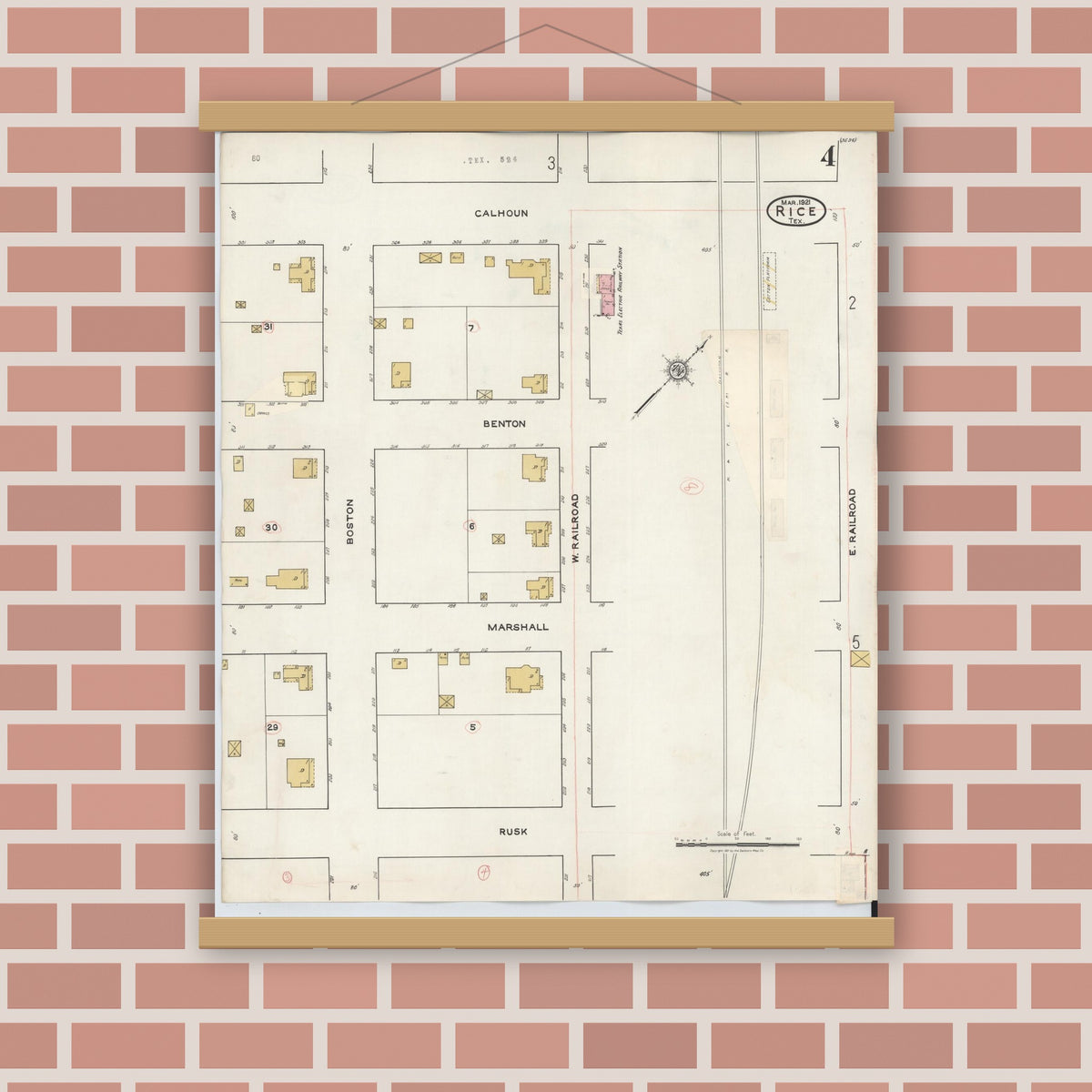 Old map wall art mockup — magnetic wood frame on brick wall — Sanborn Fire Insurance Map from Rice, Navarro County, Texas (1935), Sheet #0004