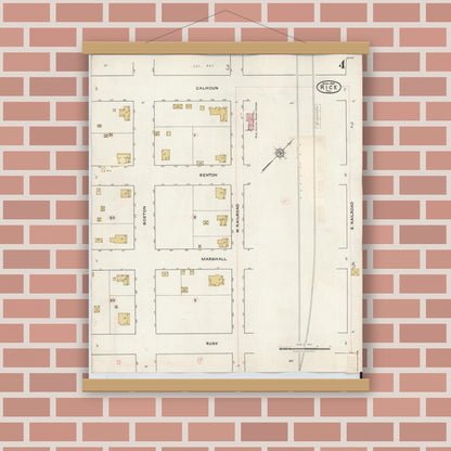 Old map wall art mockup — magnetic wood frame on brick wall — Sanborn Fire Insurance Map from Rice, Navarro County, Texas (1935), Sheet #0004