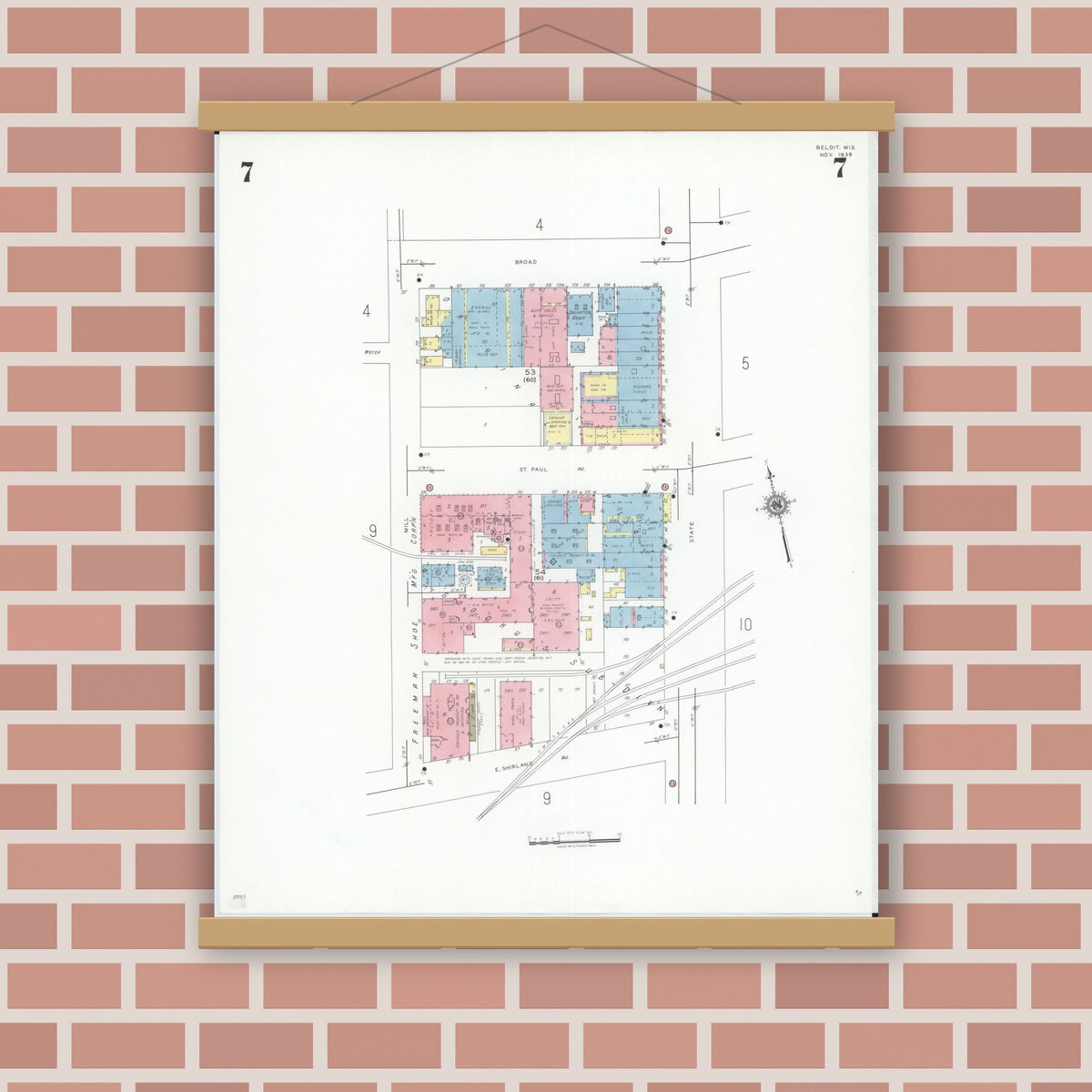 Old map wall art mockup — magnetic wood frame on brick wall — Sanborn Fire Insurance Map from Beloit, Rock County, Wisconsin (1939), Sheet #0007
