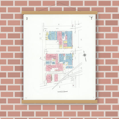 Old map wall art mockup — magnetic wood frame on brick wall — Sanborn Fire Insurance Map from Beloit, Rock County, Wisconsin (1939), Sheet #0007