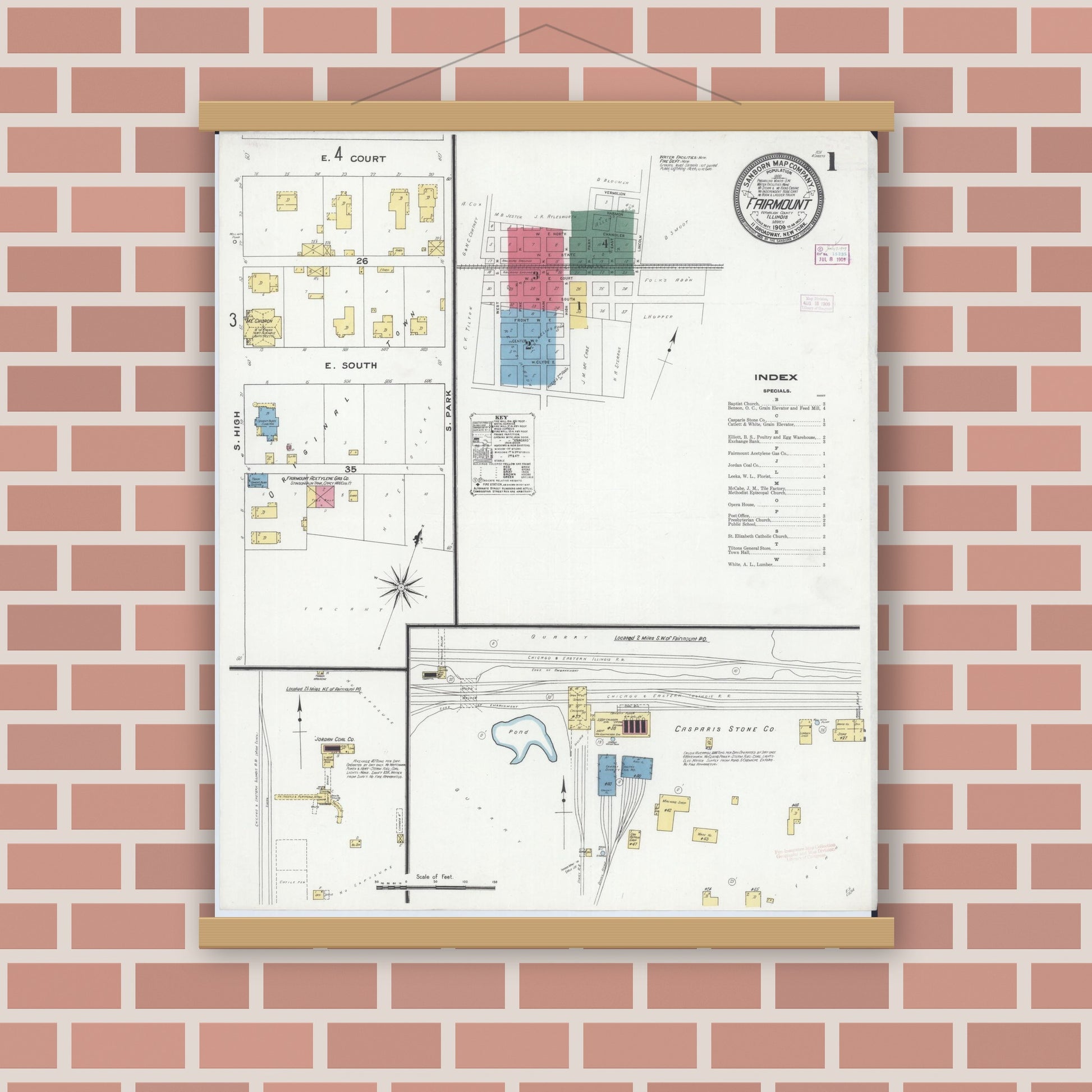 Old map wall art mockup — magnetic wood frame on brick wall — Sanborn Fire Insurance Map from Fairmount, Vermilion County, Illinois (1909), Sheet #0001