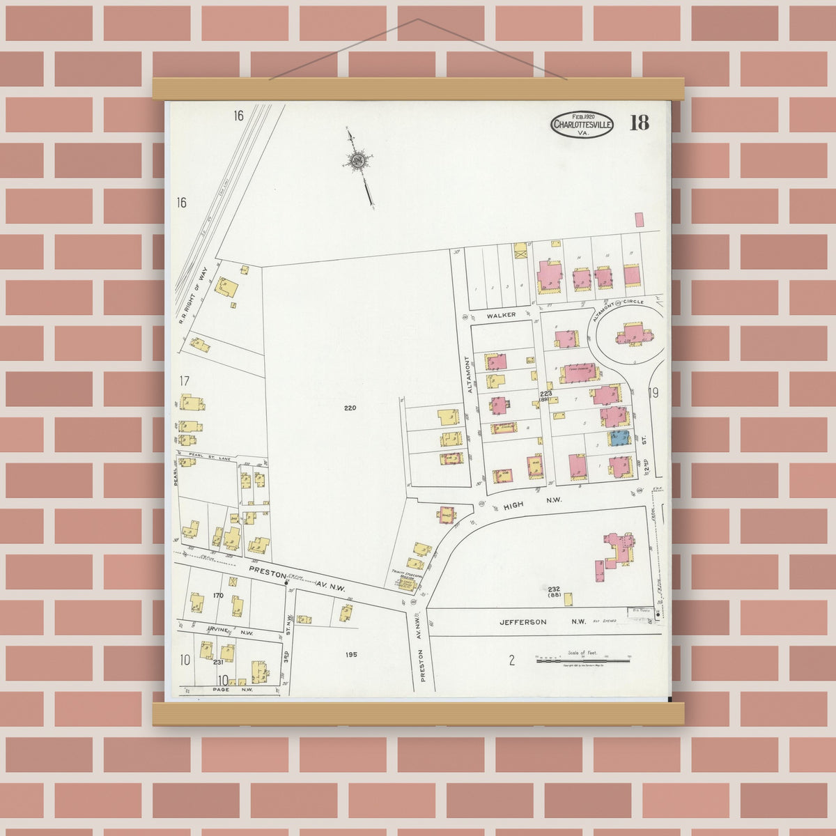 Old map wall art mockup — magnetic wood frame on brick wall — Sanborn Fire Insurance Map from Charlottesville, Independent Cities, Virginia (1920), Sheet #0018