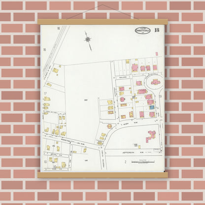 Old map wall art mockup — magnetic wood frame on brick wall — Sanborn Fire Insurance Map from Charlottesville, Independent Cities, Virginia (1920), Sheet #0018