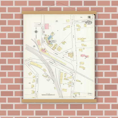 Old map wall art mockup — magnetic wood frame on brick wall — Sanborn Fire Insurance Map from Gardner, Worcester County, Massachusetts (1914), Sheet #0031