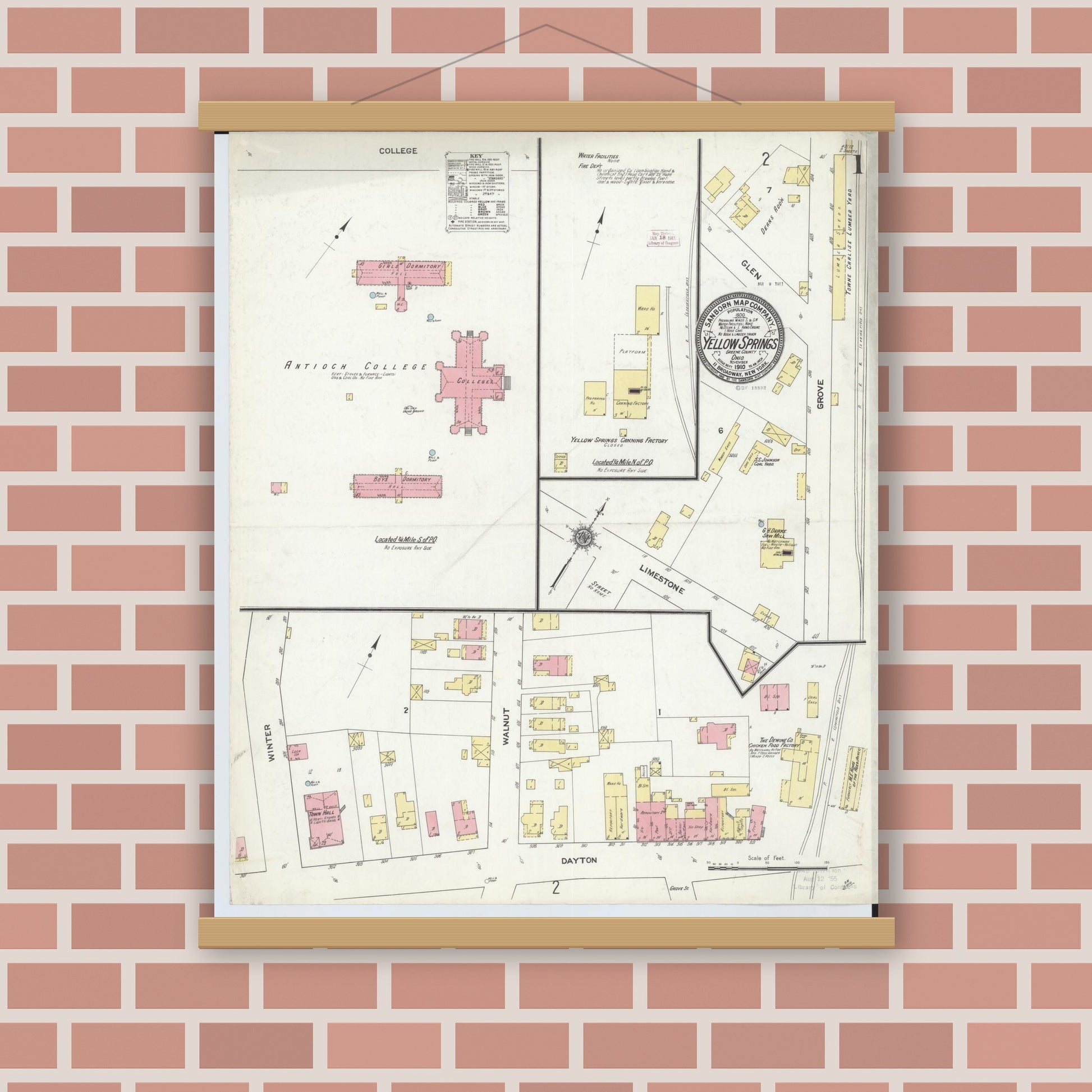Old map wall art mockup — magnetic wood frame on brick wall — Sanborn Fire Insurance Map from Yellow Springs, Greene County, Ohio (1910), Sheet #0001