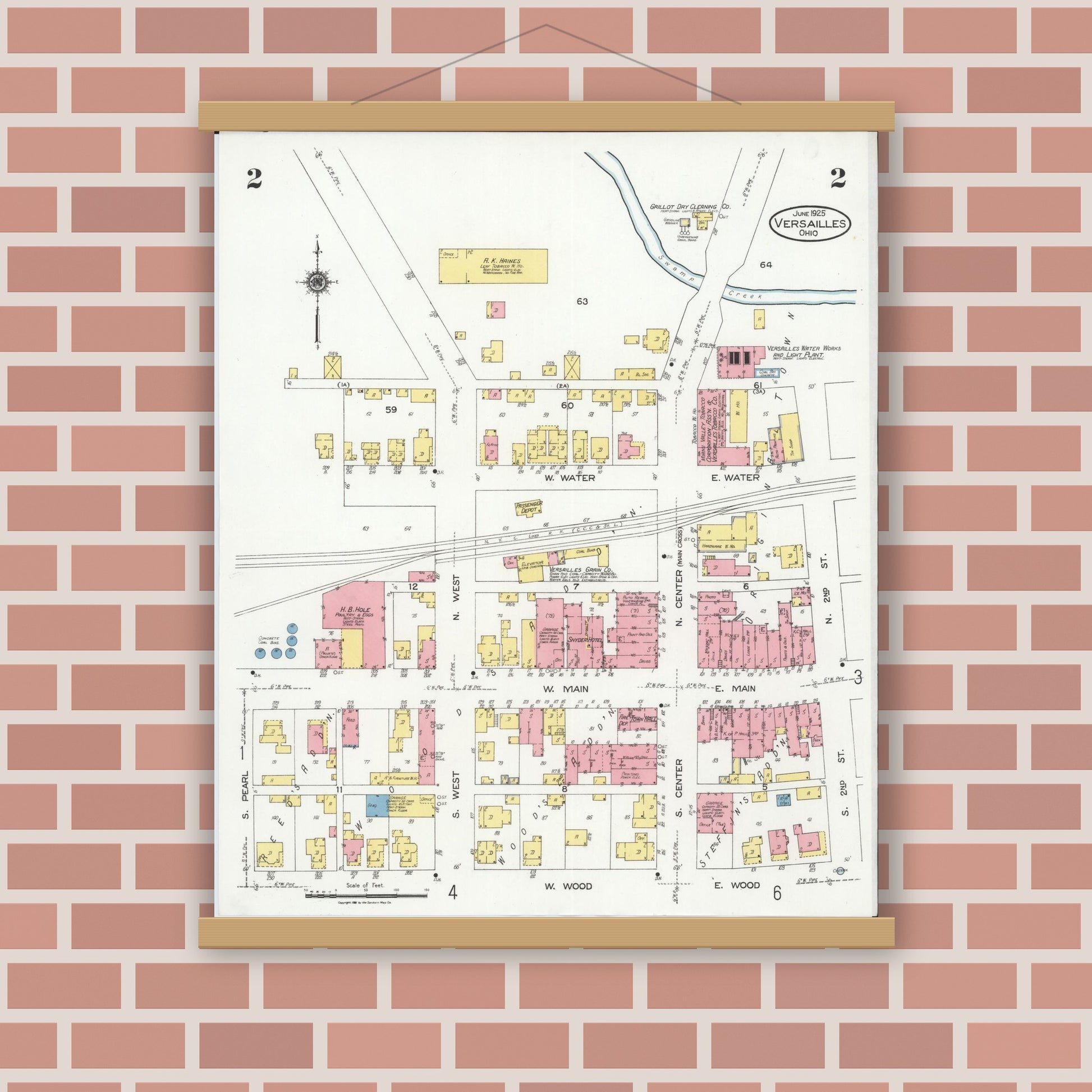 Old map wall art mockup — magnetic wood frame on brick wall — Sanborn Fire Insurance Map from Versailles, Darke County, Ohio (1925), Sheet #0002