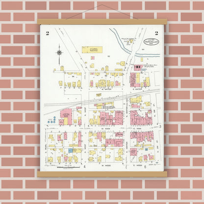 Old map wall art mockup — magnetic wood frame on brick wall — Sanborn Fire Insurance Map from Versailles, Darke County, Ohio (1925), Sheet #0002