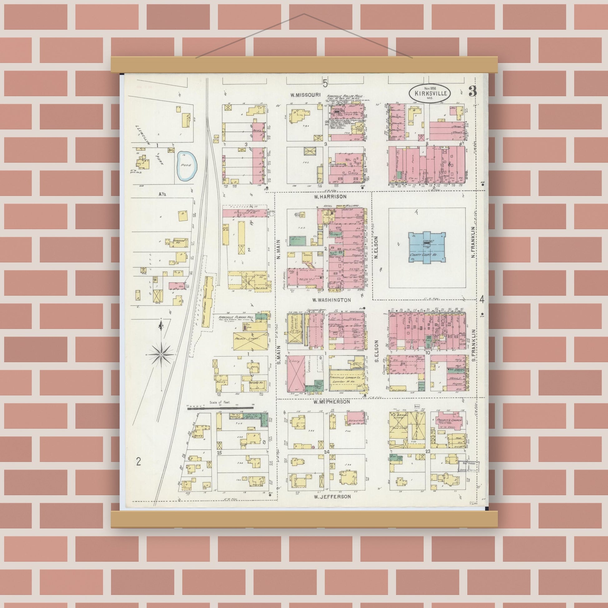 Old map wall art mockup — magnetic wood frame on brick wall — Sanborn Fire Insurance Map from Kirksville, Adair County, Missouri (1898), Sheet #0003