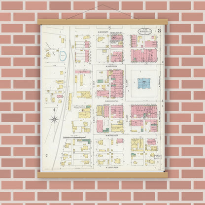 Old map wall art mockup — magnetic wood frame on brick wall — Sanborn Fire Insurance Map from Kirksville, Adair County, Missouri (1898), Sheet #0003