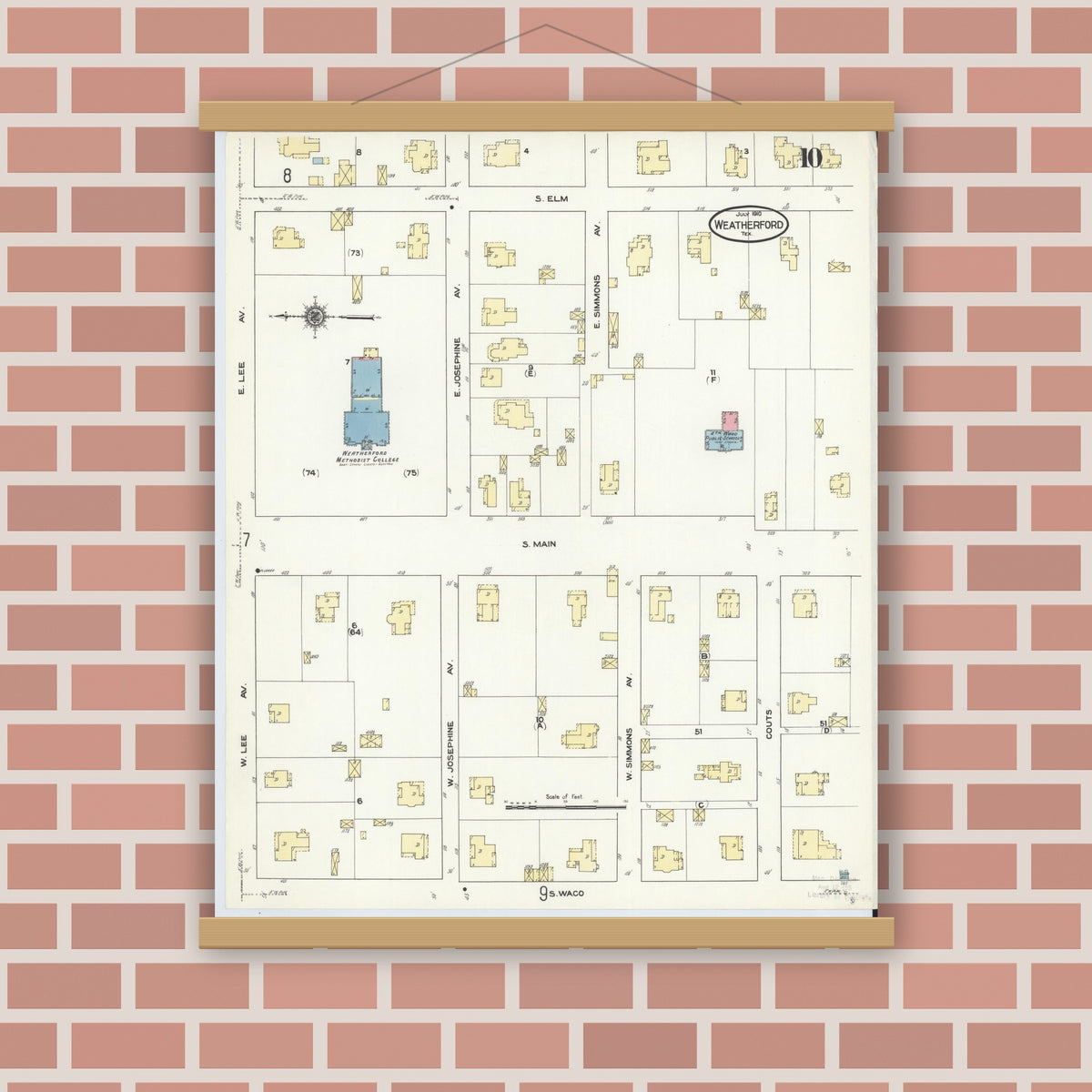 Old map wall art mockup — magnetic wood frame on brick wall — Sanborn Fire Insurance Map from Weatherford, Parker County, Texas (1910), Sheet #0010