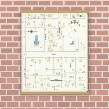 Old map wall art mockup — magnetic wood frame on brick wall — Sanborn Fire Insurance Map from Weatherford, Parker County, Texas (1910), Sheet #0010