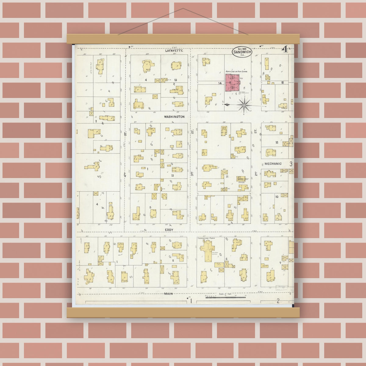 Old map wall art mockup — magnetic wood frame on brick wall — Sanborn Fire Insurance Map from Sandwich, De Kalb County, Illinois (1902), Sheet #0004