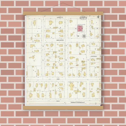 Old map wall art mockup — magnetic wood frame on brick wall — Sanborn Fire Insurance Map from Sandwich, De Kalb County, Illinois (1902), Sheet #0004
