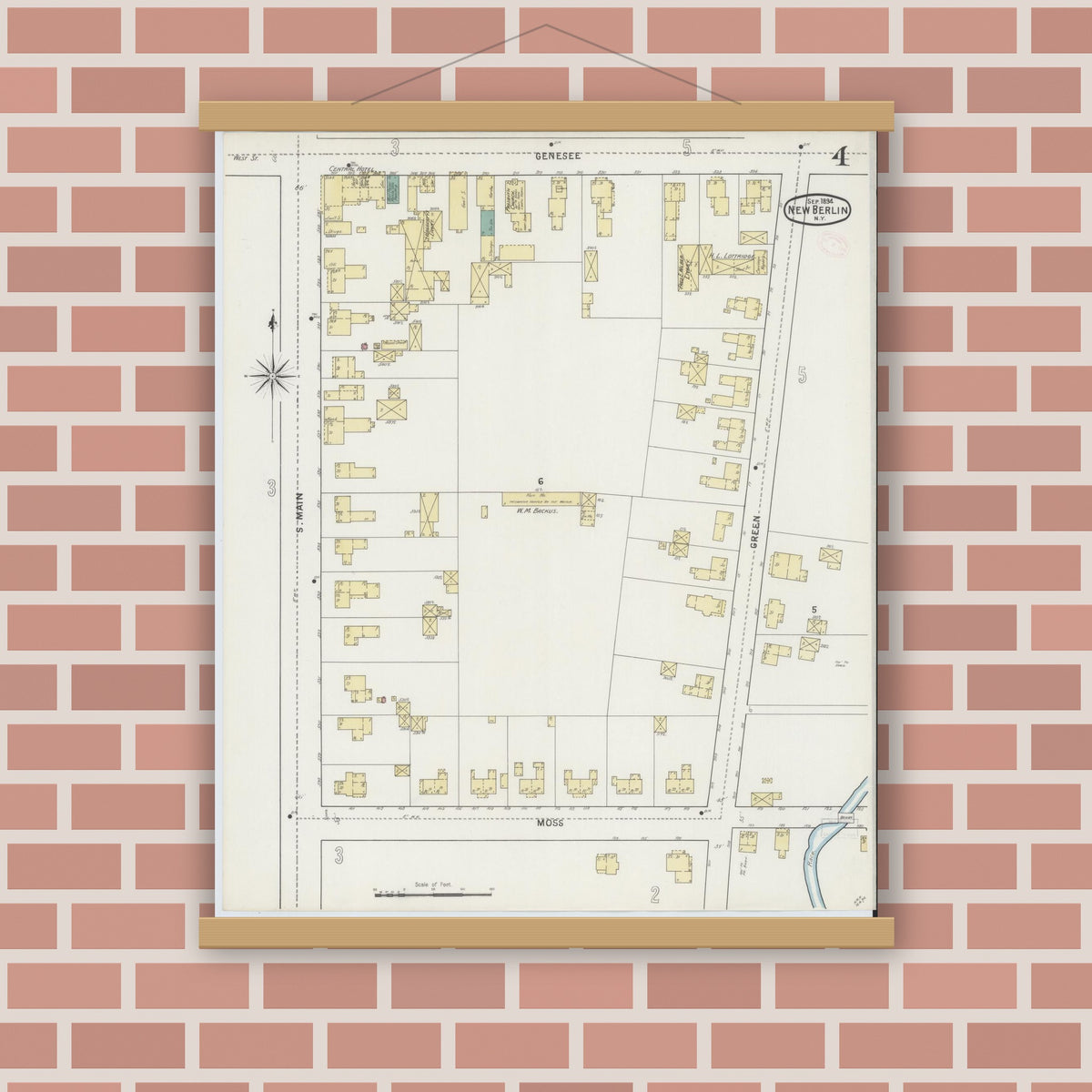 Old map wall art mockup — magnetic wood frame on brick wall — Sanborn Fire Insurance Map from New Berlin, Chenango County, New York (1894), Sheet #0004