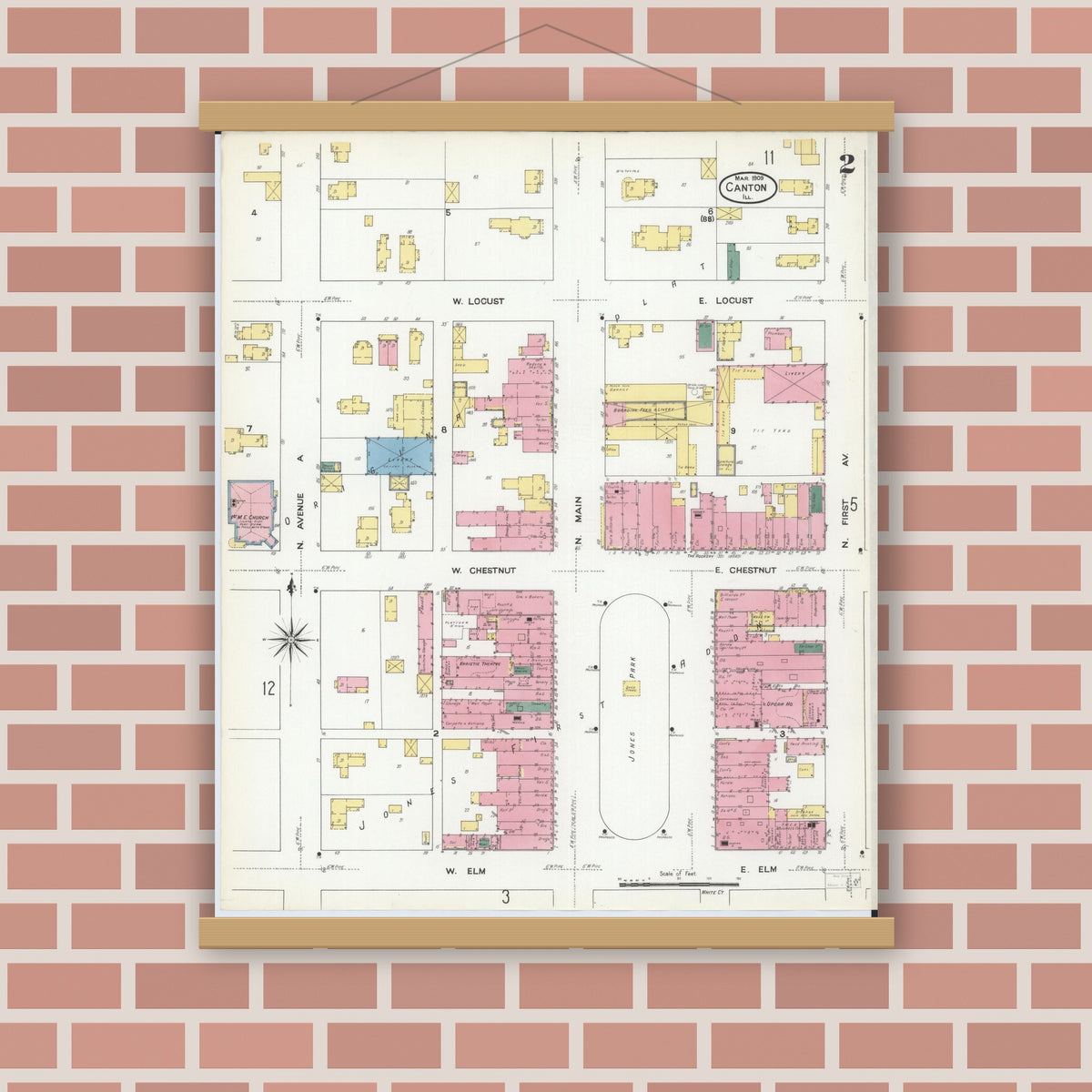Old map wall art mockup — magnetic wood frame on brick wall — Sanborn Fire Insurance Map from Canton, Fulton County, Illinois (1909), Sheet #0002
