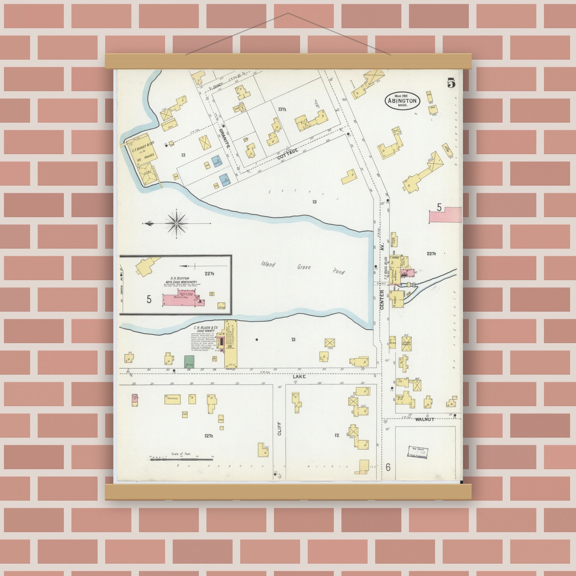 Old map wall art mockup — magnetic wood frame on brick wall — Sanborn Fire Insurance Map from Abington, Plymouth County, Massachusetts (1901), Sheet #0005