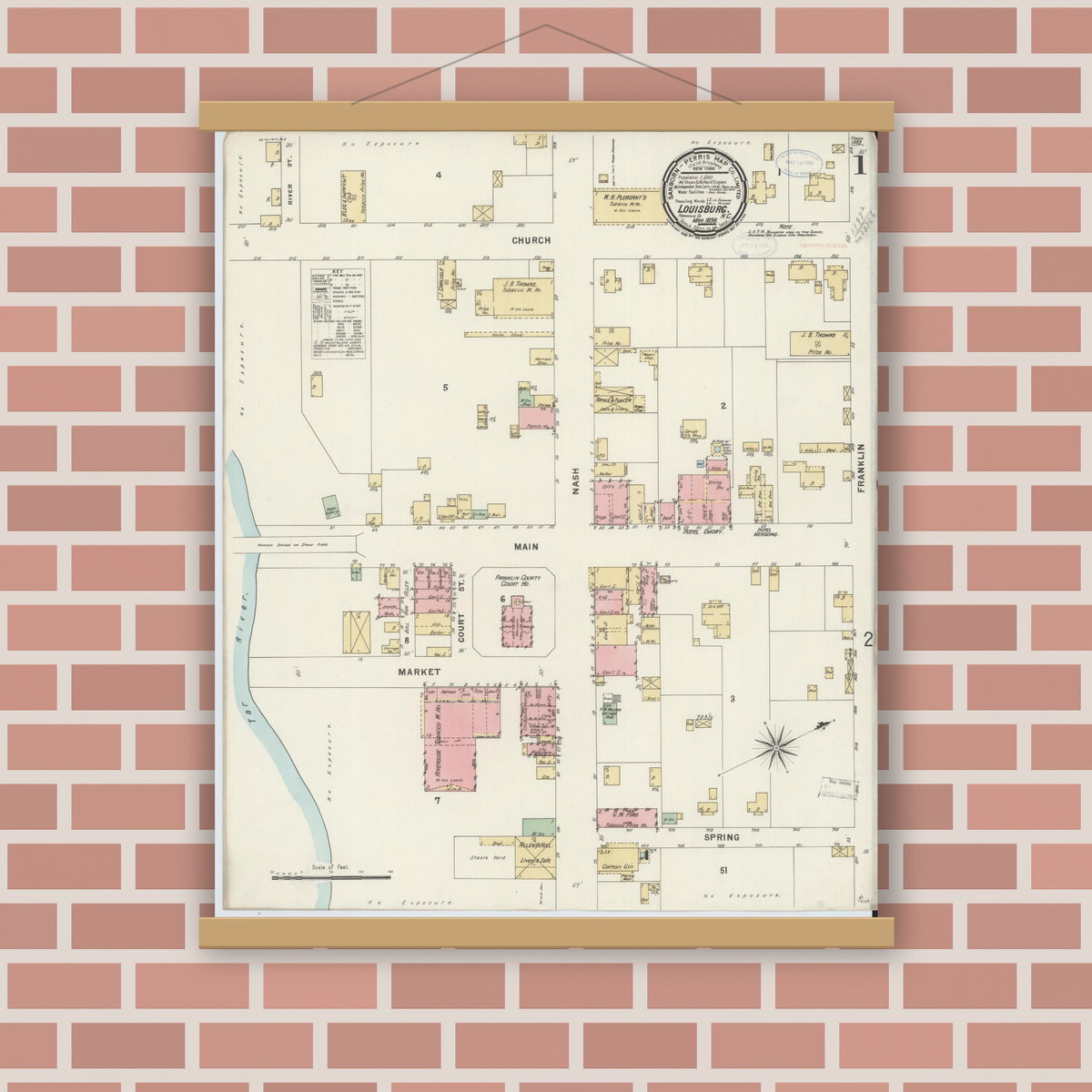 Old map wall art mockup — magnetic wood frame on brick wall — Sanborn Fire Insurance Map from Louisburg, Franklin County, North Carolina (1898) - Complete Map Set